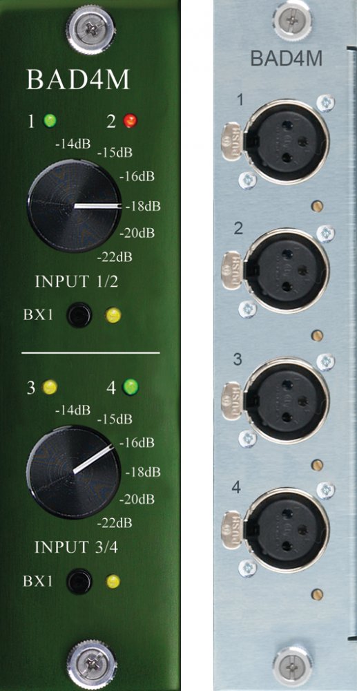 Front and rear views of a device panel labeled BAD4M with rotary knobs, LEDs, and four XLR input connectors.