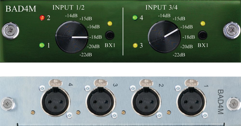 Front panel with gain knobs, LEDs, and rear panel with four XLR input connectors on a device marked BAD4M.