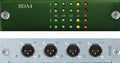 Front and rear views of a BDA4 device showing LED indicators and four XLR connectors labeled 1 to 4.