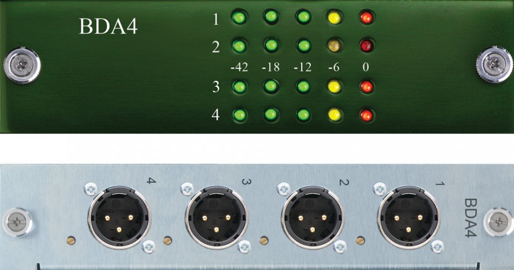 Front and rear views of a BDA4 device showing LED indicators and four XLR connectors labeled 1 to 4.