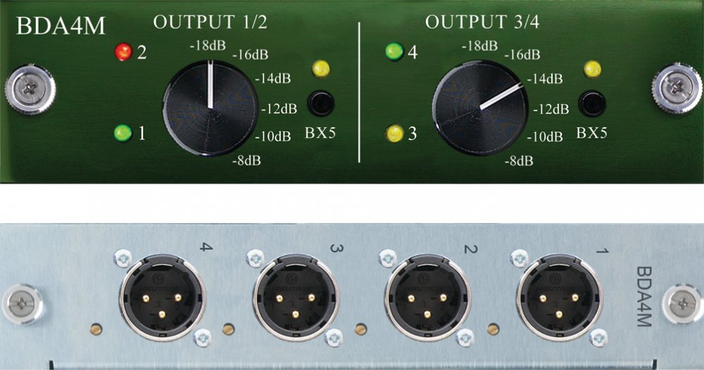 Close-up of an audio device panel showing rotary knobs and XLR output connectors labeled 1 to 4.