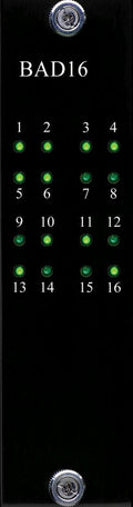 Black electronic module panel labeled BAD16 with 16 green indicator LEDs numbered 1 to 16 and two screws at top and bottom.