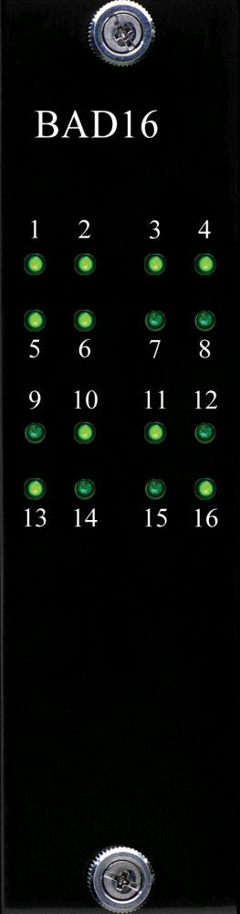 Black electronic module panel labeled BAD16 with 16 green indicator LEDs numbered 1 to 16 and two screws at top and bottom.