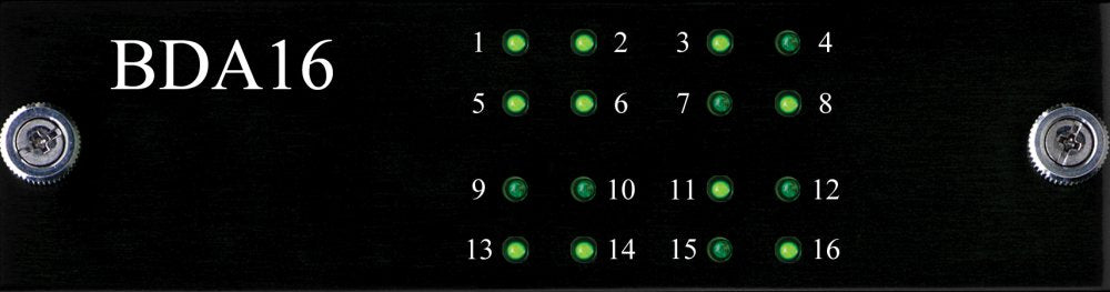 Black panel with 16 green indicator lights numbered 1 to 16 and labeled BDA16