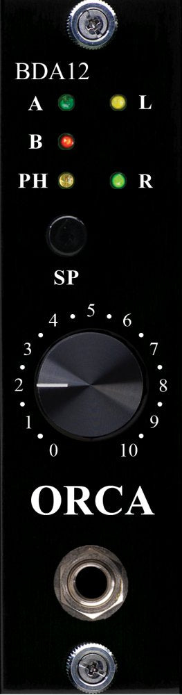Front panel of a black ORCA audio device with LED indicators, a rotary knob, and one audio jack connector.
