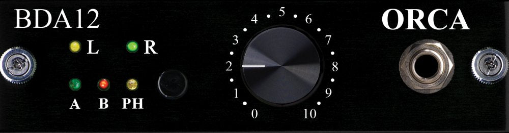 Front panel of an audio device with indicator LEDs, a rotary knob, and a 1/4 inch jack labeled ORCA.