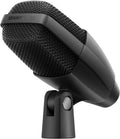Black Sennheiser microphone with metal mesh grill and mount stand shown from an angled side view.