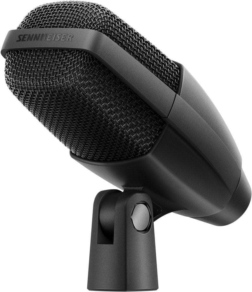Black Sennheiser microphone with metal mesh grill and mount stand shown from an angled side view.