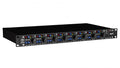 Black rackmount microphone preamplifier unit with eight channels, each with gain knobs and switches.