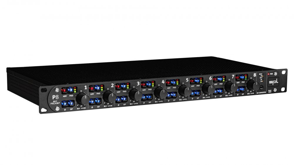 Black rackmount microphone preamplifier unit with eight channels, each with gain knobs and switches.