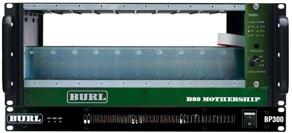 Rack unit chassis labeled B80 Mothership with BMB1 module and BP300 power supply with controls and indicator lights.