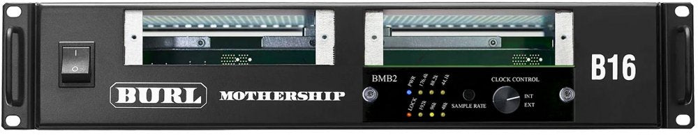 Front panel of a black rack-mounted audio device labeled BURL MOTHERSHIP BMB2 B16 with power switch and clock control knob.