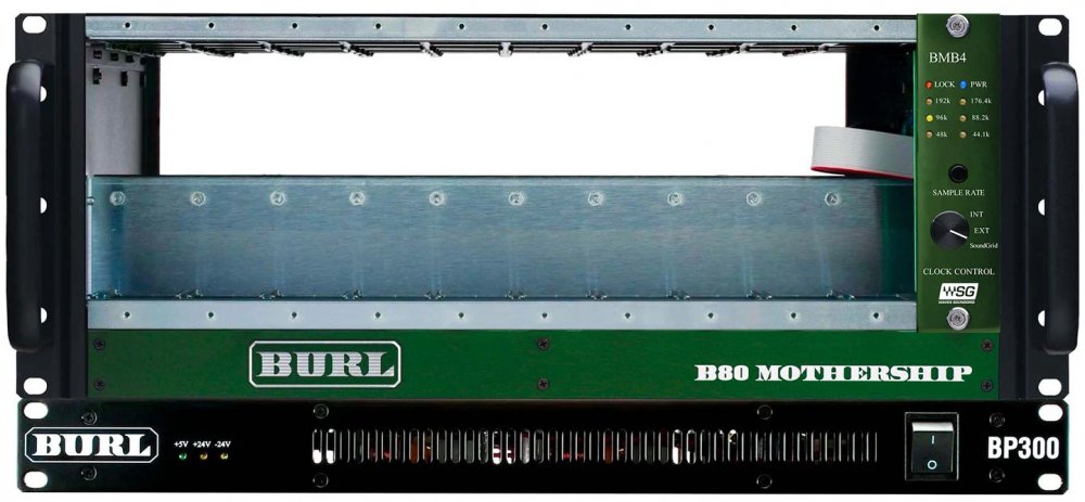 Front view of a BURL audio rack unit with BMB4 clock control, green B80 Mothership section, and black BP300 power supply.