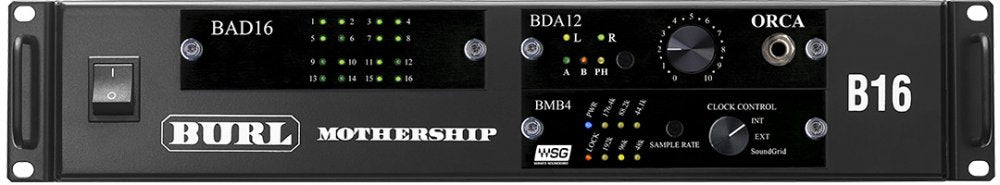 Front panel of a black rackmount audio converter unit with switches, knobs, LEDs, and a 1/4 inch jack connector.