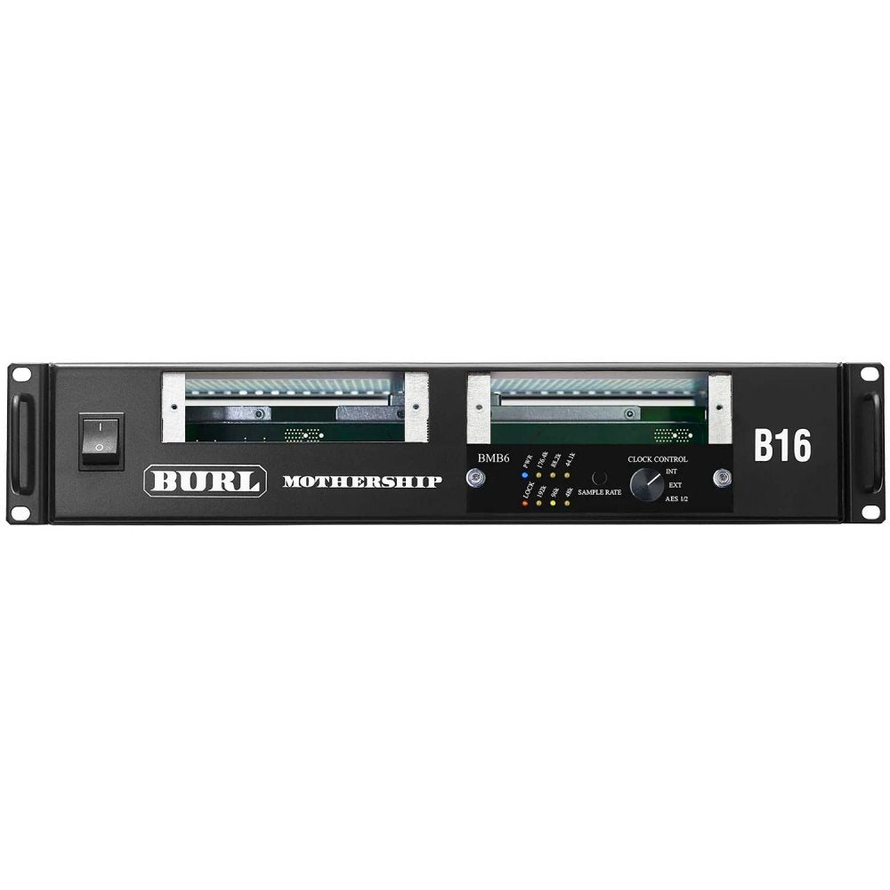 Front panel of a black rackmount device labeled B16 with two empty card slots and control LEDs and knobs.
