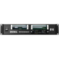Front panel of a black rackmount device labeled B16 with two empty card slots and control LEDs and knobs.