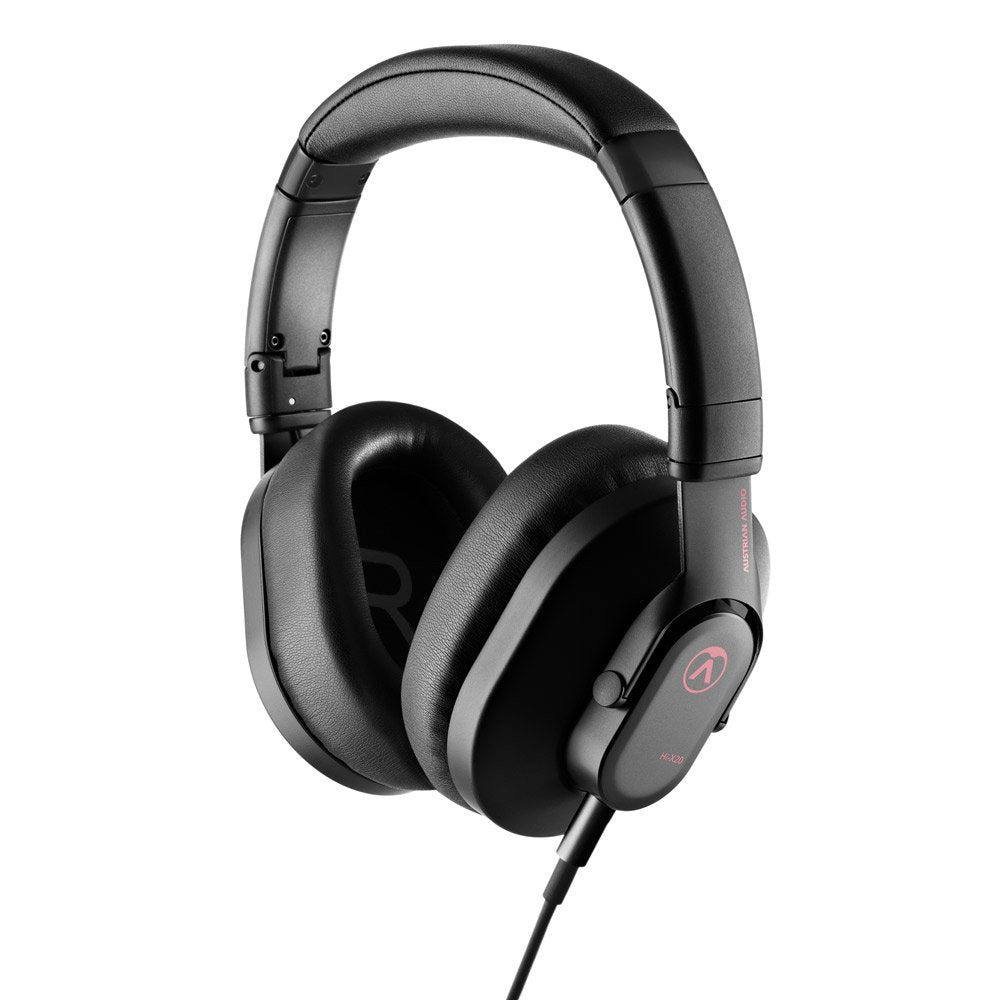 Black over-ear wired headphones with padded headband and ear cushions, showing right earcup with logo and model text.