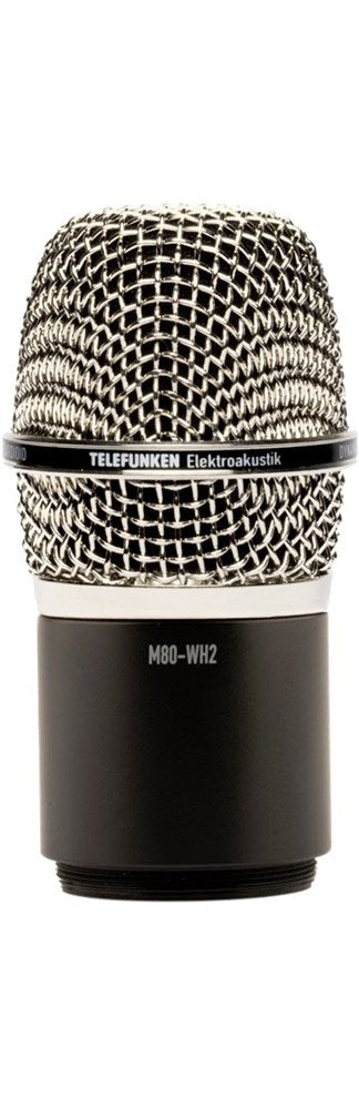 Close-up front view of a metallic and black TELEFUNKEN M80-WH2 microphone head.