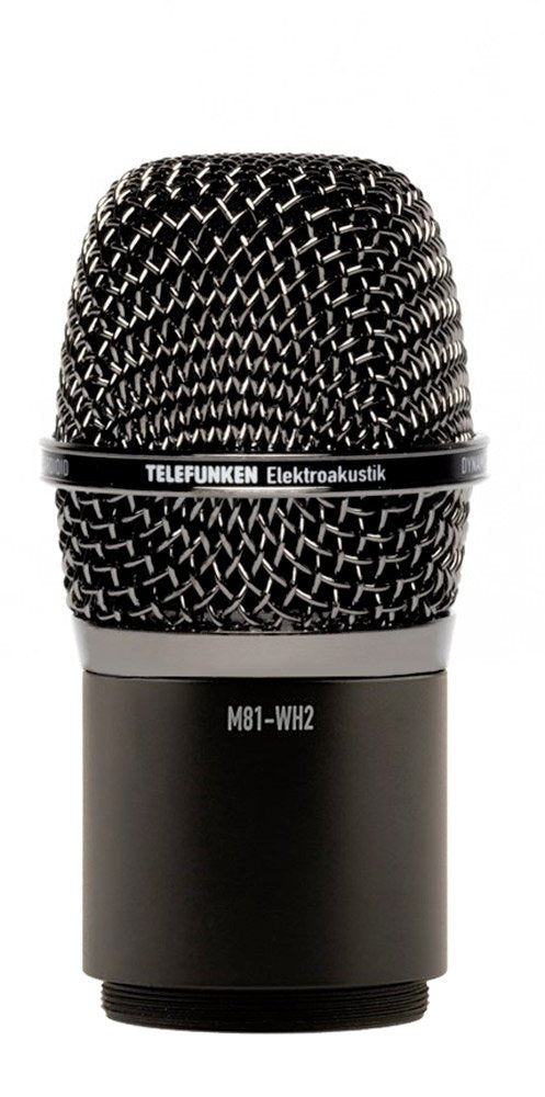 Front view of a black TELEFUNKEN M81-WH2 microphone with metal mesh grille and model text on the body.