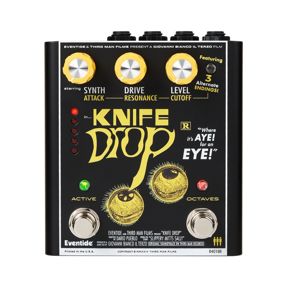 Black Eventide Knife Drop pedal with yellow knobs and eye graphics, featuring two footswitches and various control labels.