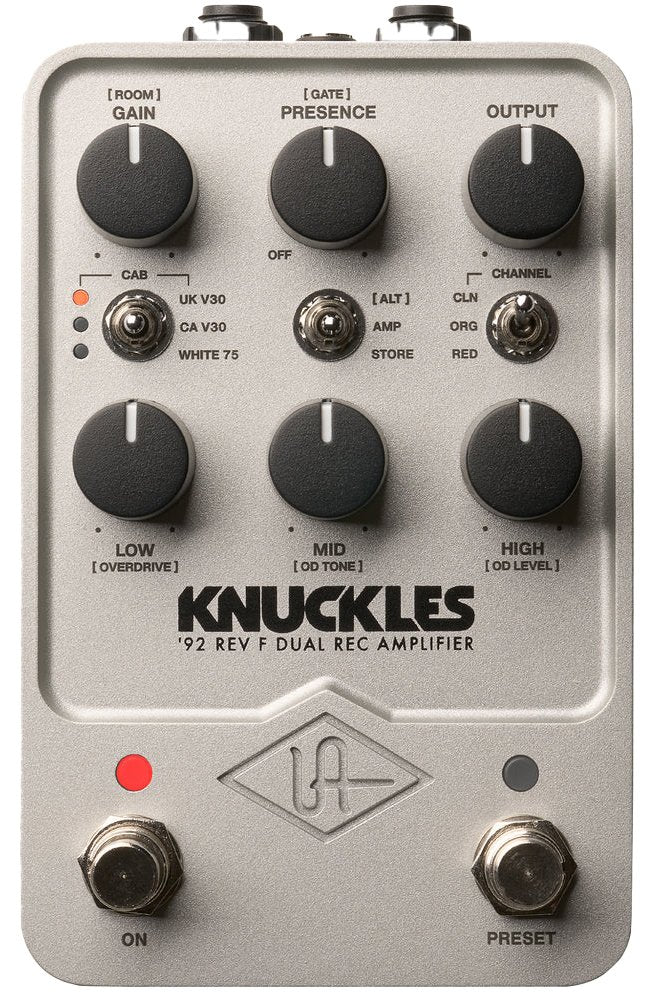 Gray guitar effects pedal with six knobs, three toggle switches, two footswitches, and various labeled settings.