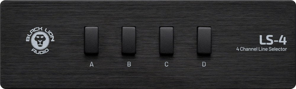 Black audio device front panel with four labeled buttons A to D and LS-4 4 Channel Line Selector text.