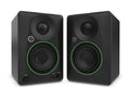 Two black studio monitor speakers with green rings, each with a woofer and tweeter on front, one has tone and volume knobs and headphone jack