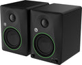 Pair of black studio monitor speakers with green trim, tone and volume knobs, and a headphone jack on the front right speaker.