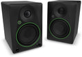 Pair of black studio monitor speakers with green rings, each having a tweeter, woofer, and control knobs.