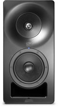 Front view of a black studio monitor speaker with two drivers and a blue indicator light.