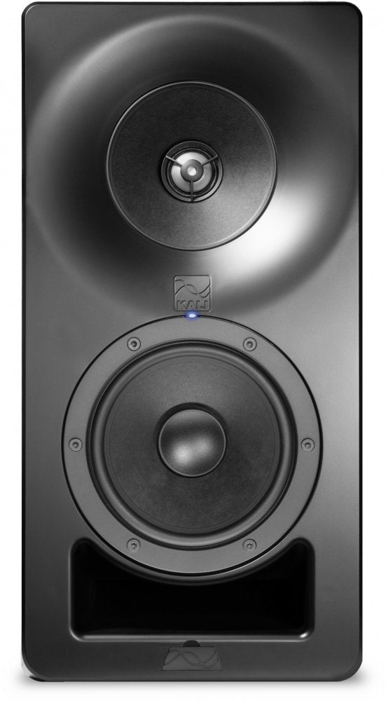 Front view of a black studio monitor speaker with two drivers and a blue indicator light.
