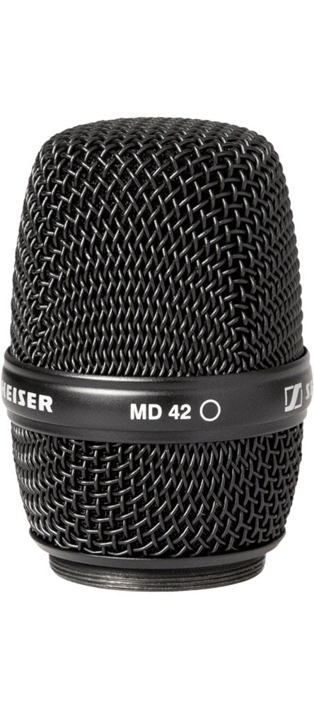 Close-up of a black metal microphone grille with the text MD 42 and part of the Sennheiser logo visible.