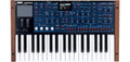 Black and blue keyboard synthesizer with wooden side panels, multiple knobs, buttons, wheels, and keys.