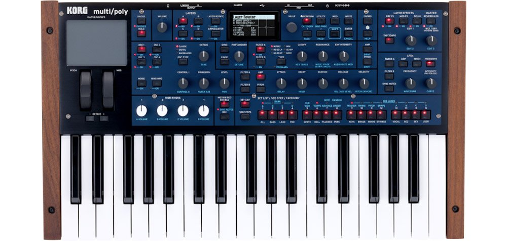 Black and blue keyboard synthesizer with wooden side panels, multiple knobs, buttons, wheels, and keys.