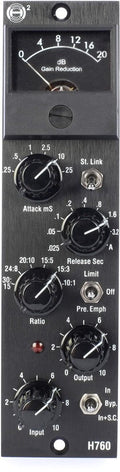 Black audio processor panel with several rotary knobs, two toggle switches, and a gain reduction meter.