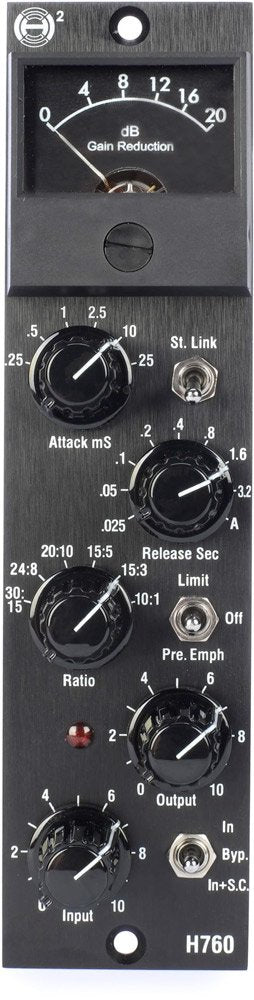 Black audio processor panel with several rotary knobs, two toggle switches, and a gain reduction meter.