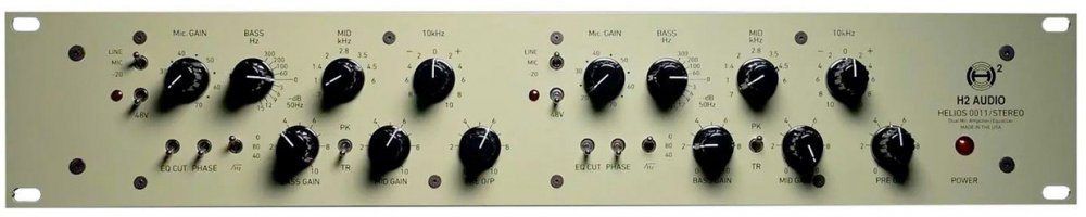 Front panel of a H2 AUDIO HELIOS 0011 stereo audio device with multiple knobs and switches for audio control.