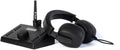 Black monitor controller unit with rotary knob, buttons, antenna and a pair of over-ear headphones.