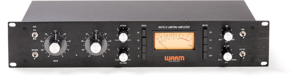 Front panel of a Warm Audio WA76-D limiting amplifier with knobs, switches, and a VU meter.