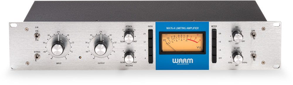 Silver front panel audio processor with knobs, switches, and a VU meter labeled WA76-A Limiting Amplifier.