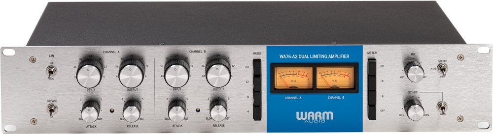 Front panel of a Warm Audio WA76-A2 dual limiting amplifier with knobs, switches, and two analog VU meters.