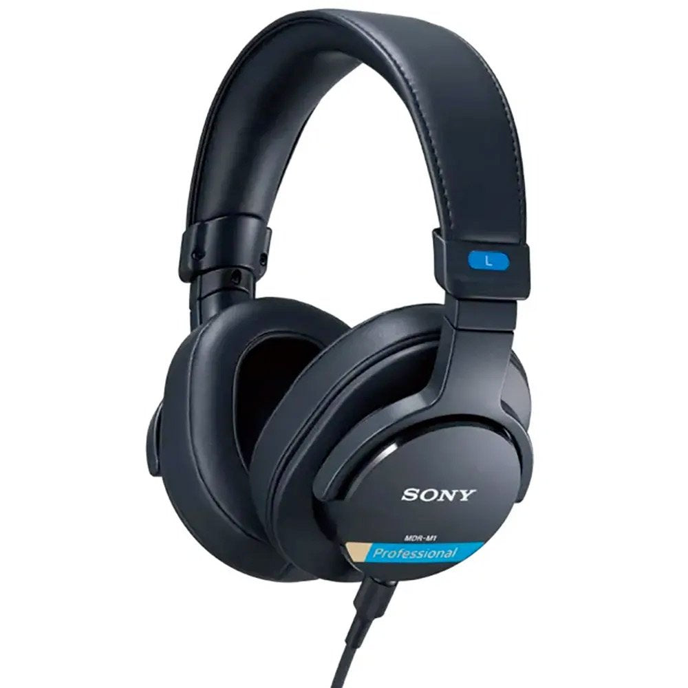 Black over-ear wired headphones with padded headband and ear cushions, labeled SONY MDR-M1 Professional.