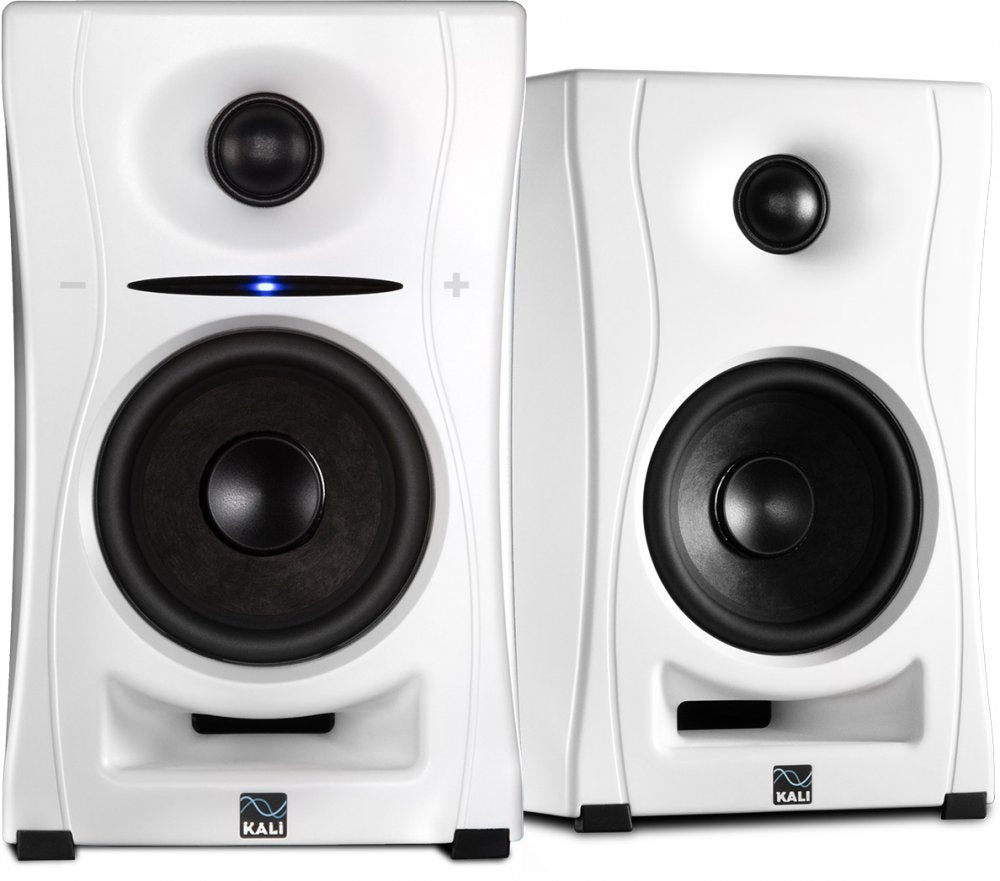 Pair of white studio monitor speakers with black speaker cones and Kali logo at the bottom front.