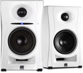 Pair of white studio monitor speakers with black speaker cones and Kali logo at the bottom front.