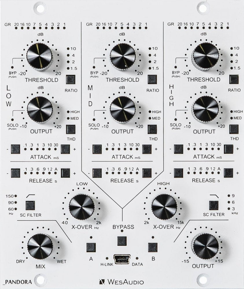Front panel of a WesAudio Pandora with knobs, buttons, and a USB type B connector for studio processing.