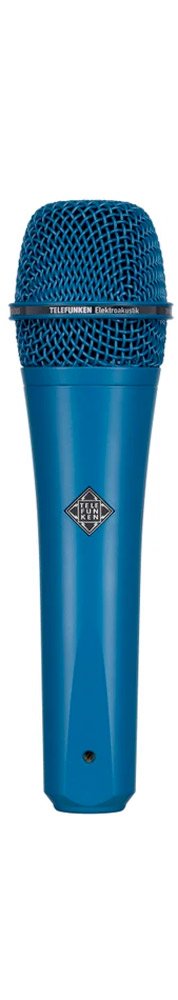 Blue handheld microphone with metal mesh grille and TELEFUNKEN branding on body and grille band.