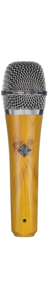 Handheld microphone with wooden body and silver metal mesh grille featuring Telefunken branding.