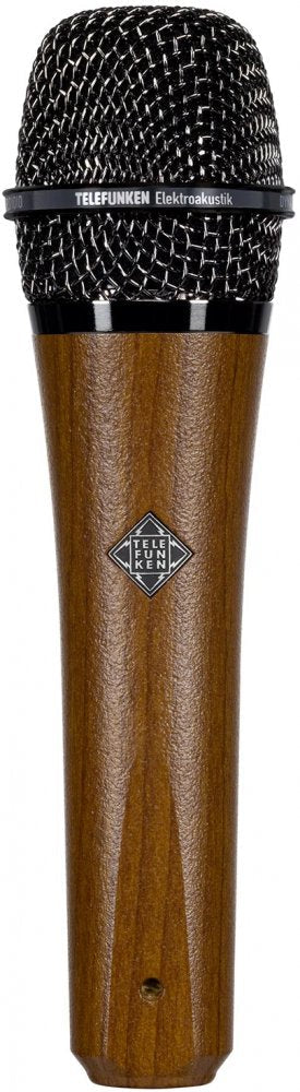 Handheld microphone with wooden body and black metal mesh grille labeled TELEFUNKEN Elektroakustik.