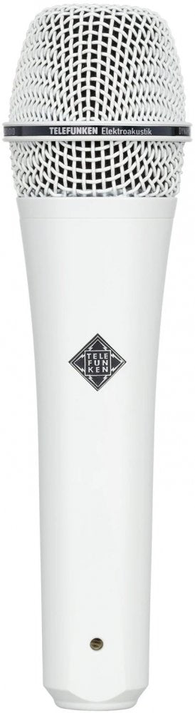 White handheld microphone with metal mesh grille and TELEFUNKEN logo on the body.