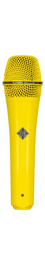 Yellow handheld microphone with metal mesh grille and TELEFUNKEN logo on the body.